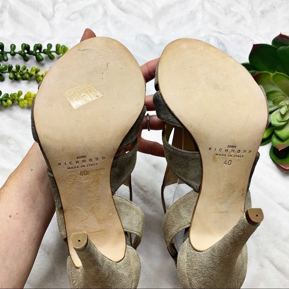 John Richmond NWOT Suede T-Strap Taupe Gray Stilettos Pumps Heels IT40/US10